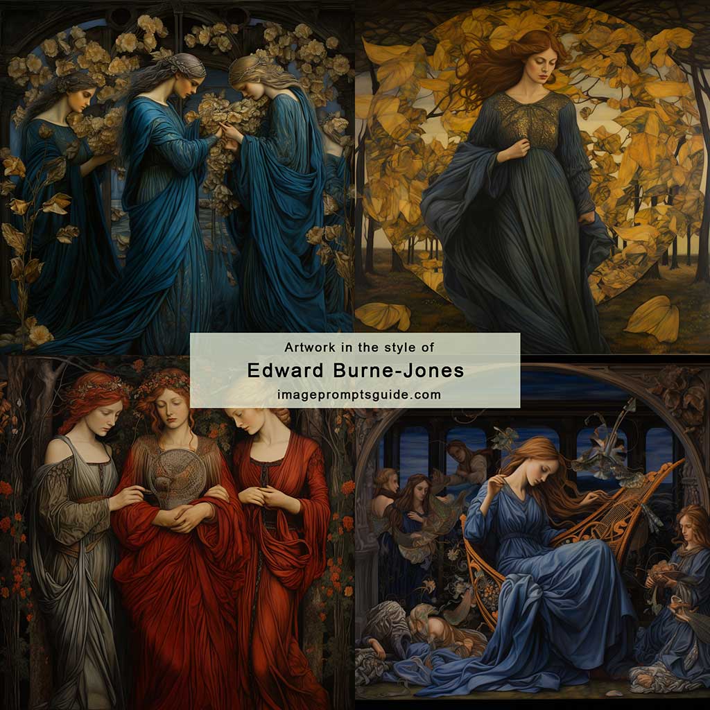 Artwork in the style of Edward Burne-Jones (Midjourney V5.2)