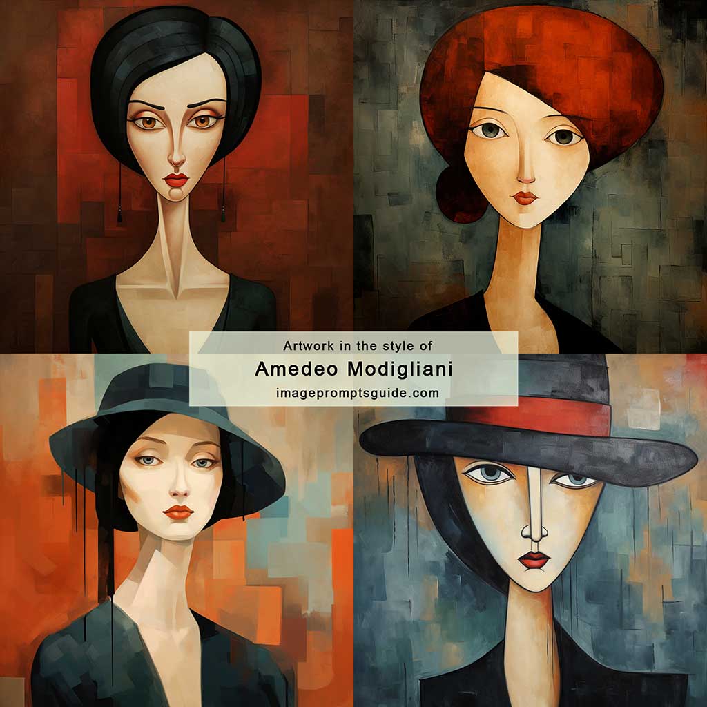 Artwork in the style of Amedeo Modigliani (Midjourney v5.2)