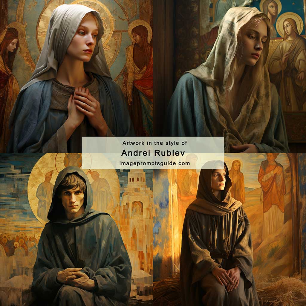 Artwork in the style of Andrei Rublev (Midjourney v5.2)