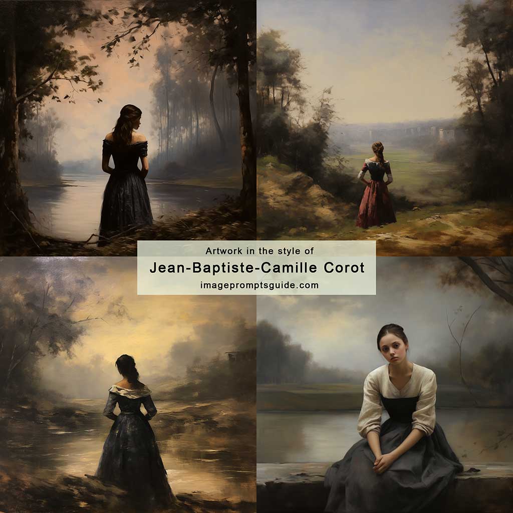 Artwork in the style of Jean-Baptiste-Camille Corot (Midjourney v5.2)