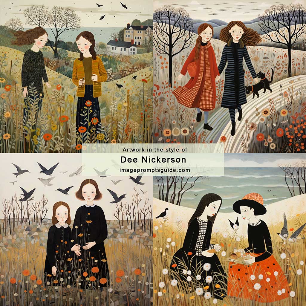 Artwork in the style of Dee Nickerson (Midjourney v5.2)