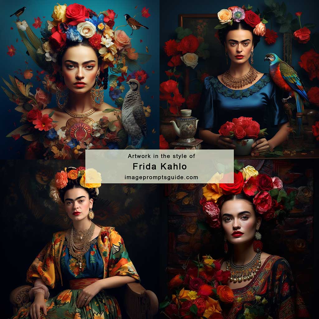 Artwork in the style of Frida Kahlo (Midjourney v5.2)