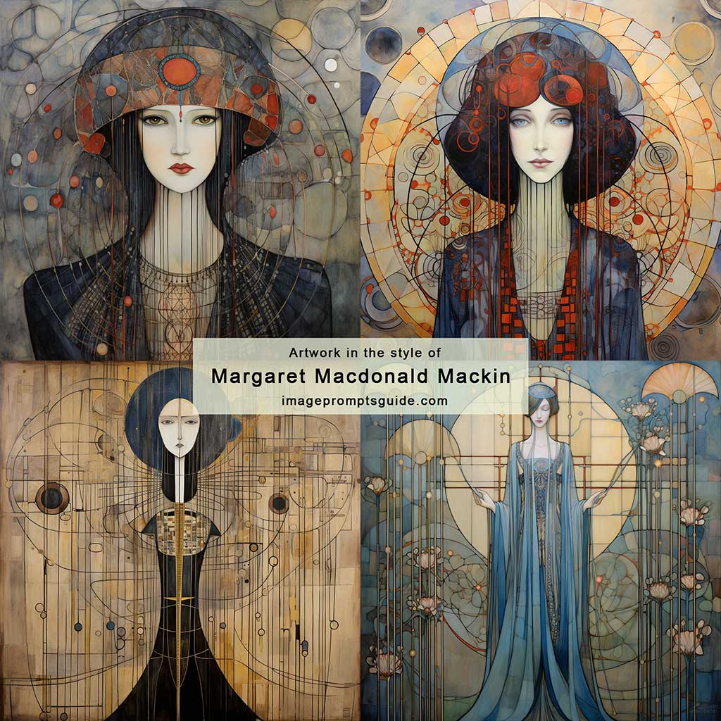 Artwork in the style of Margaret Macdonald Mackintosh (Midjourney v5.2)