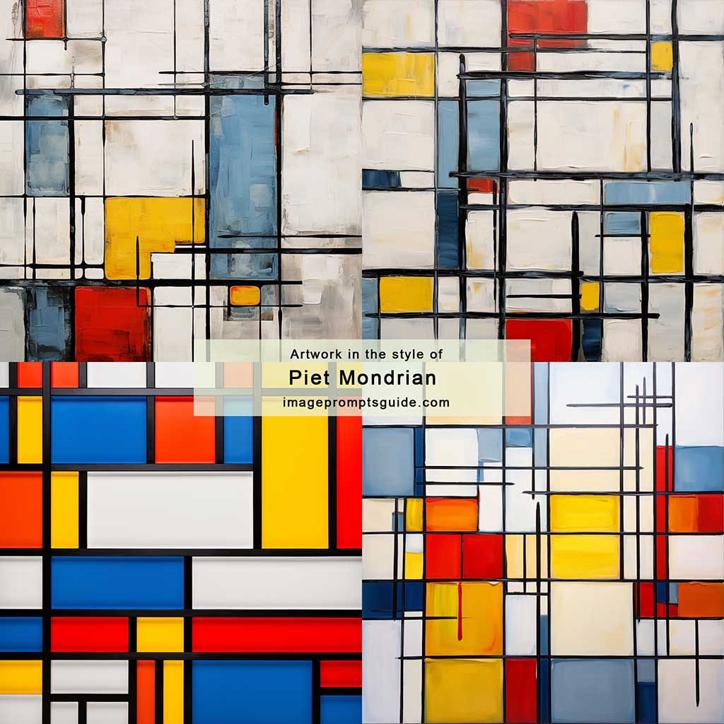 Artwork in the style of Piet Mondrian (Midjourney v5.2)