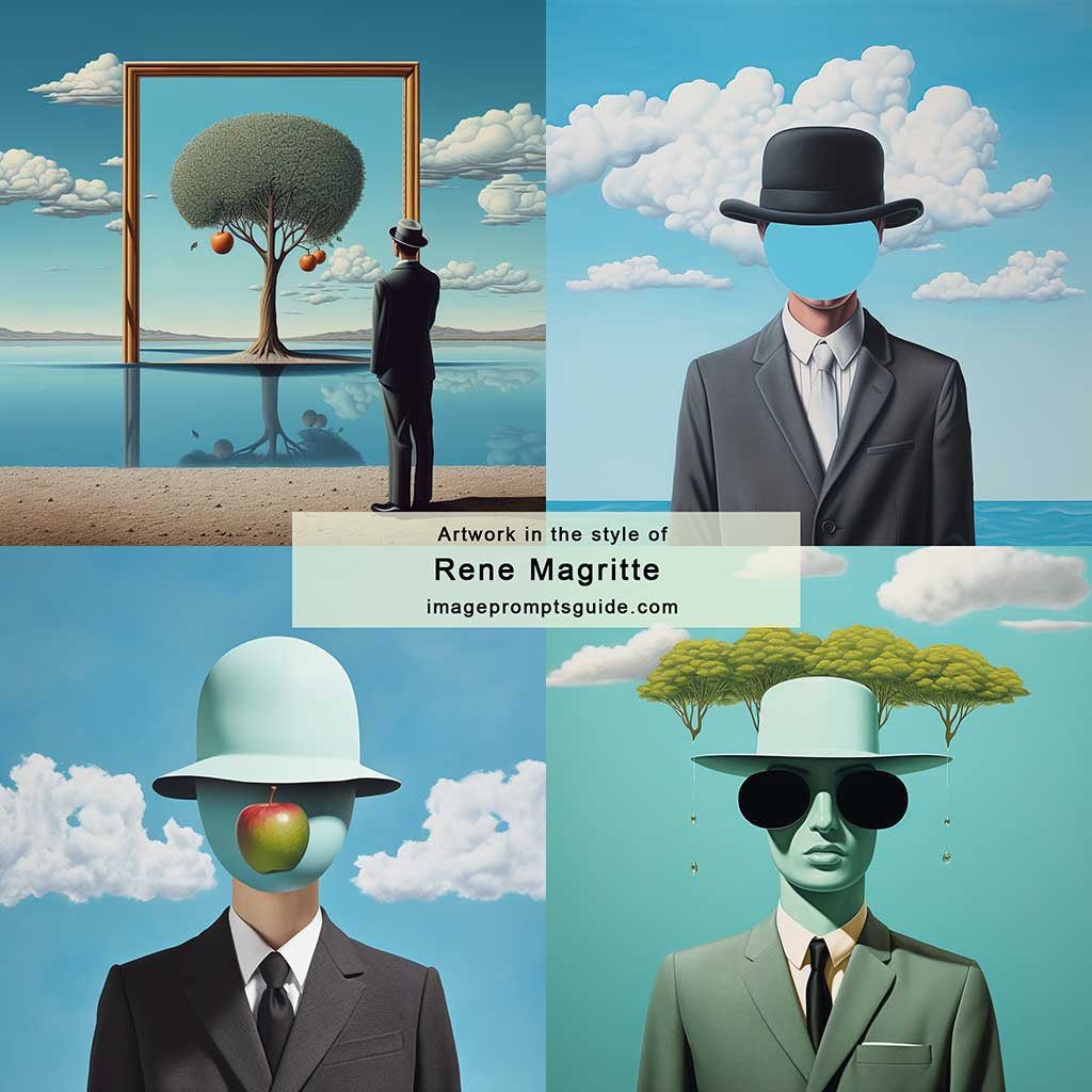 Artwork in the style of René Magritte (Midjourney v5.2)