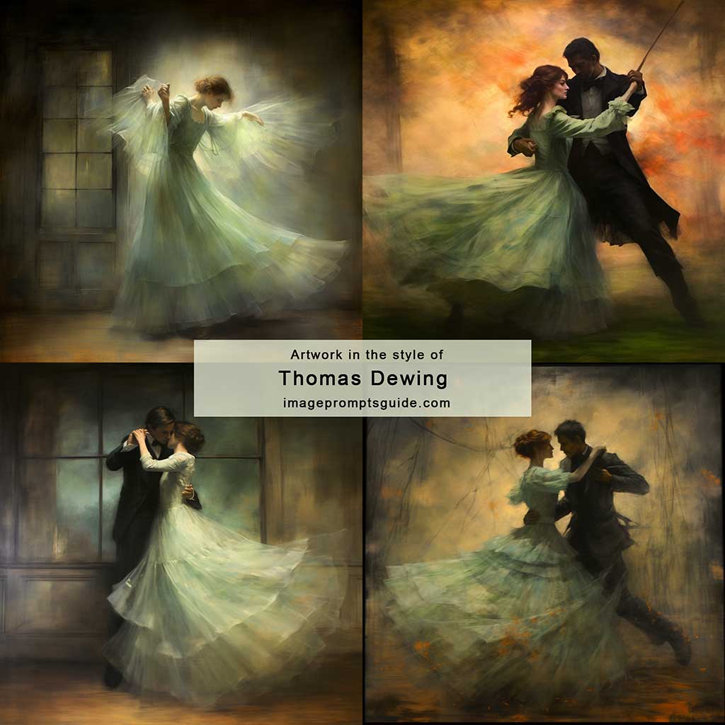 Artwork in the style of Thomas Dewing (Midjourney v5.2)