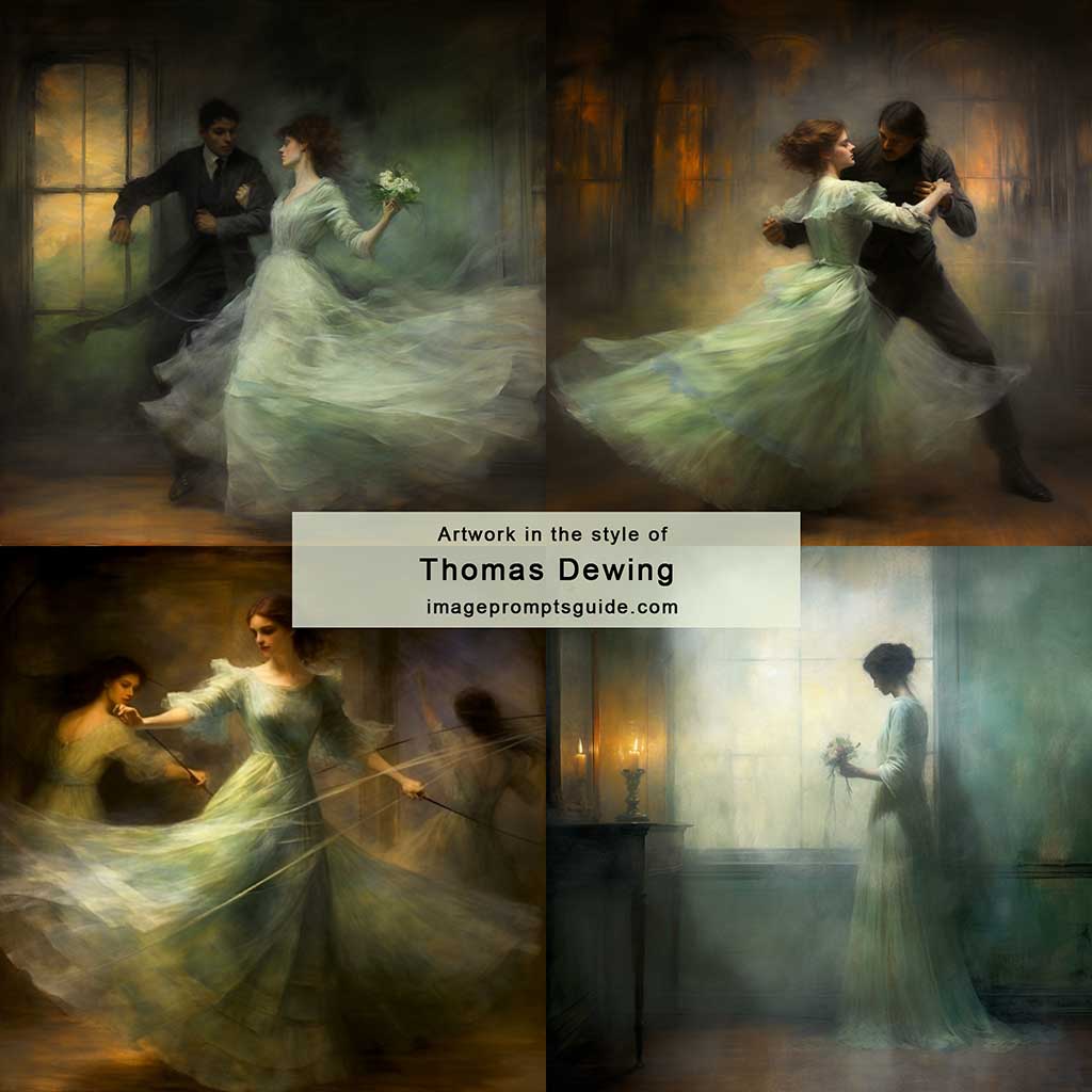 Artwork in the style of Thomas Dewing (Midjourney v5.2)