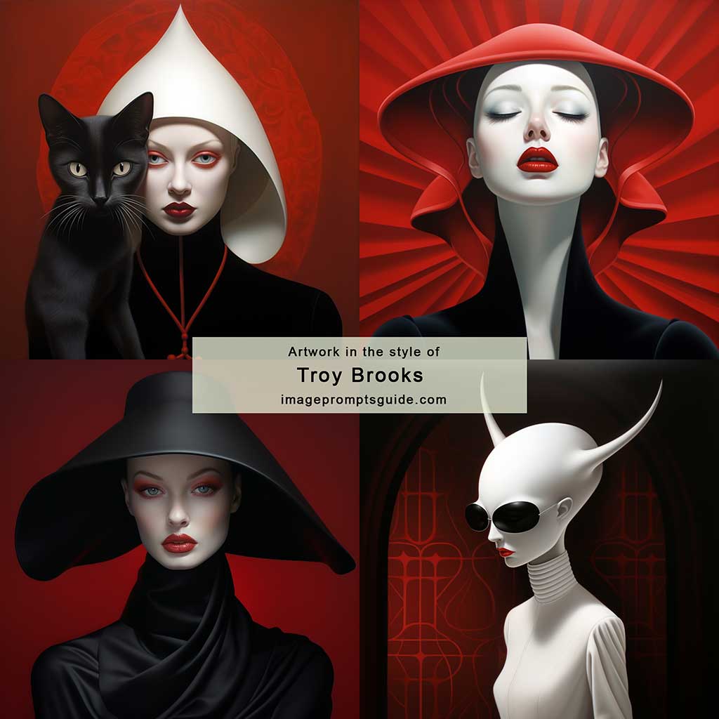 Artwork in the style of Troy Brooks (Midjourney V5.2)