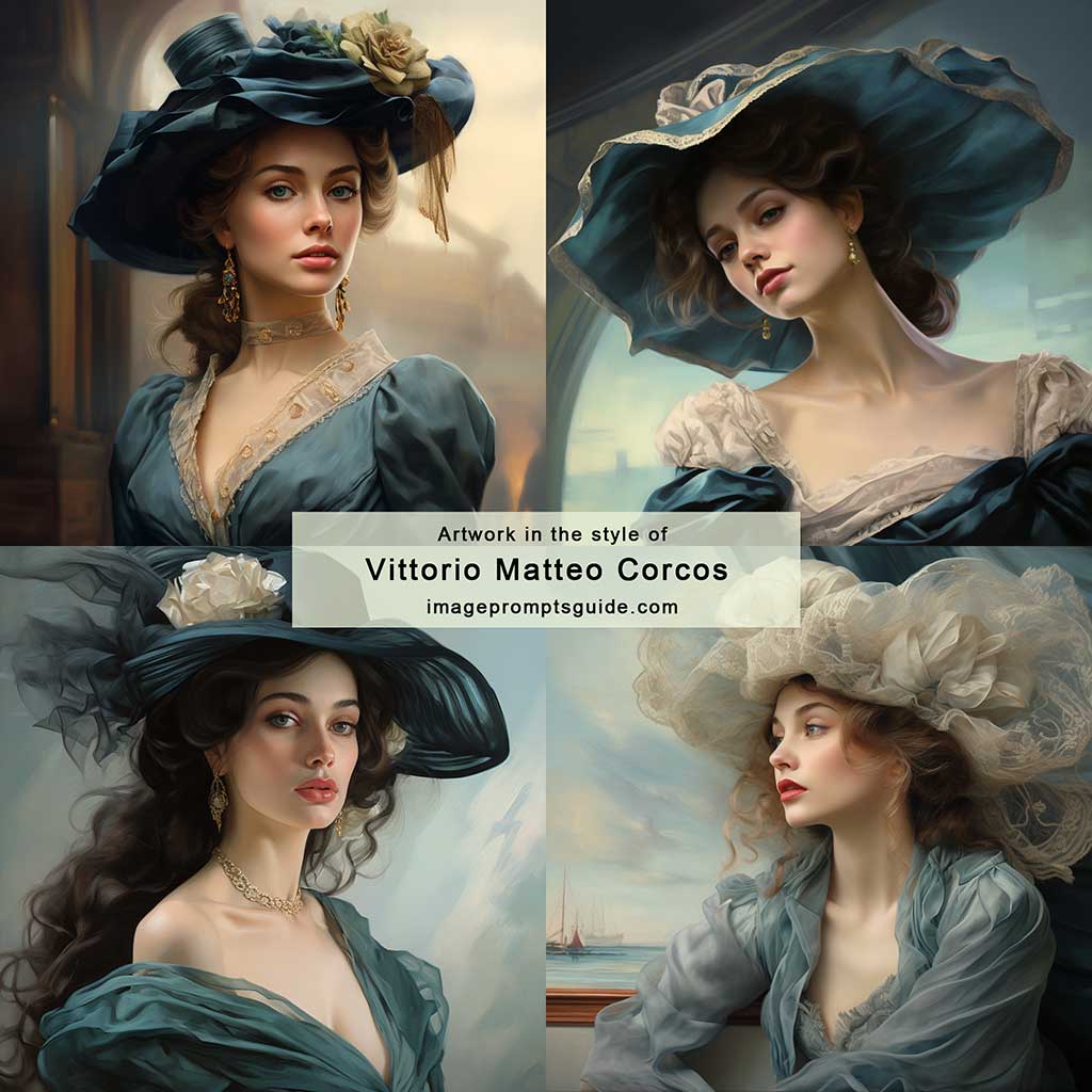 Artwork in the style of Vittorio Matteo Corcos (Midjourney v5.2)