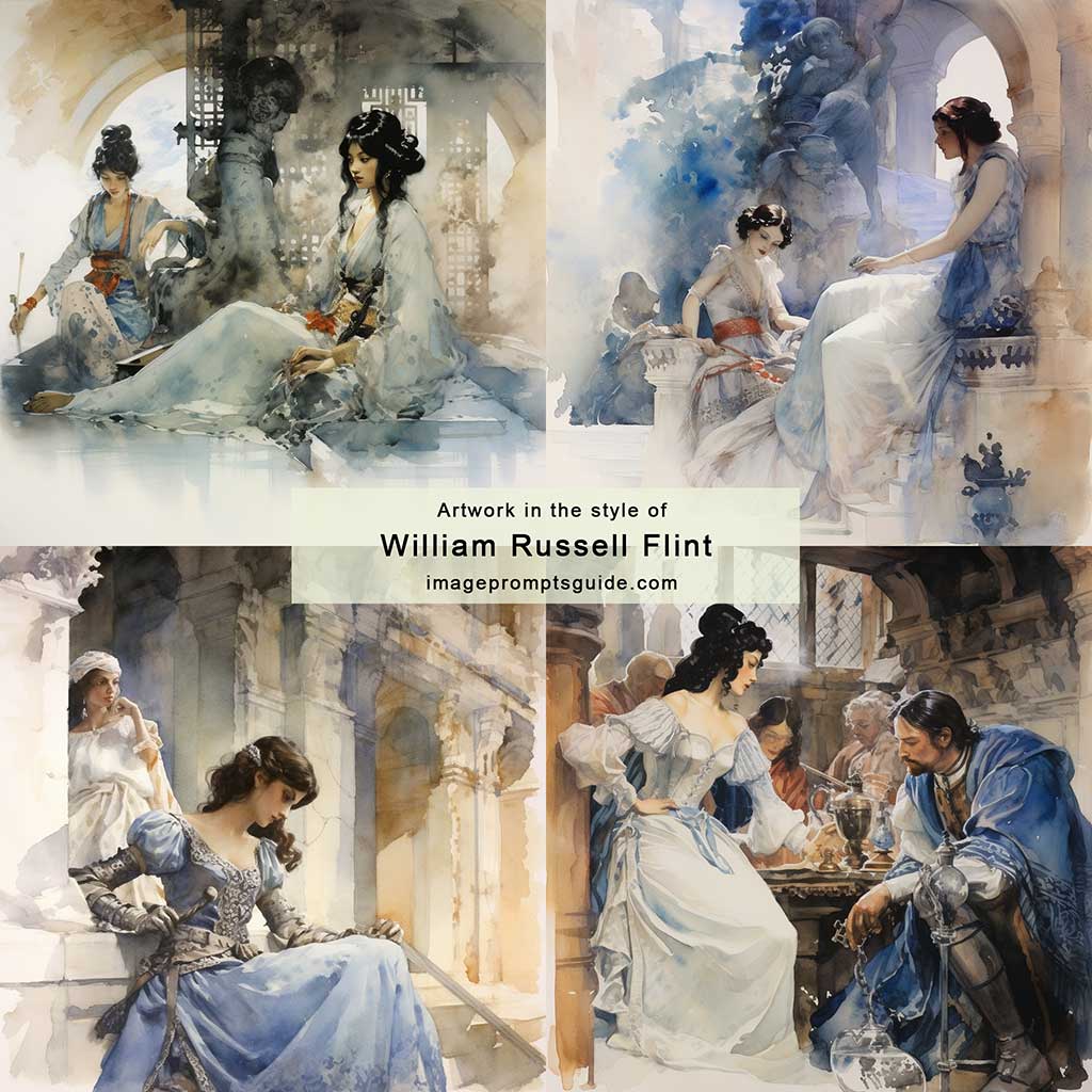 Artwork in the style of William Russell Flint (Midjourney v5.2)