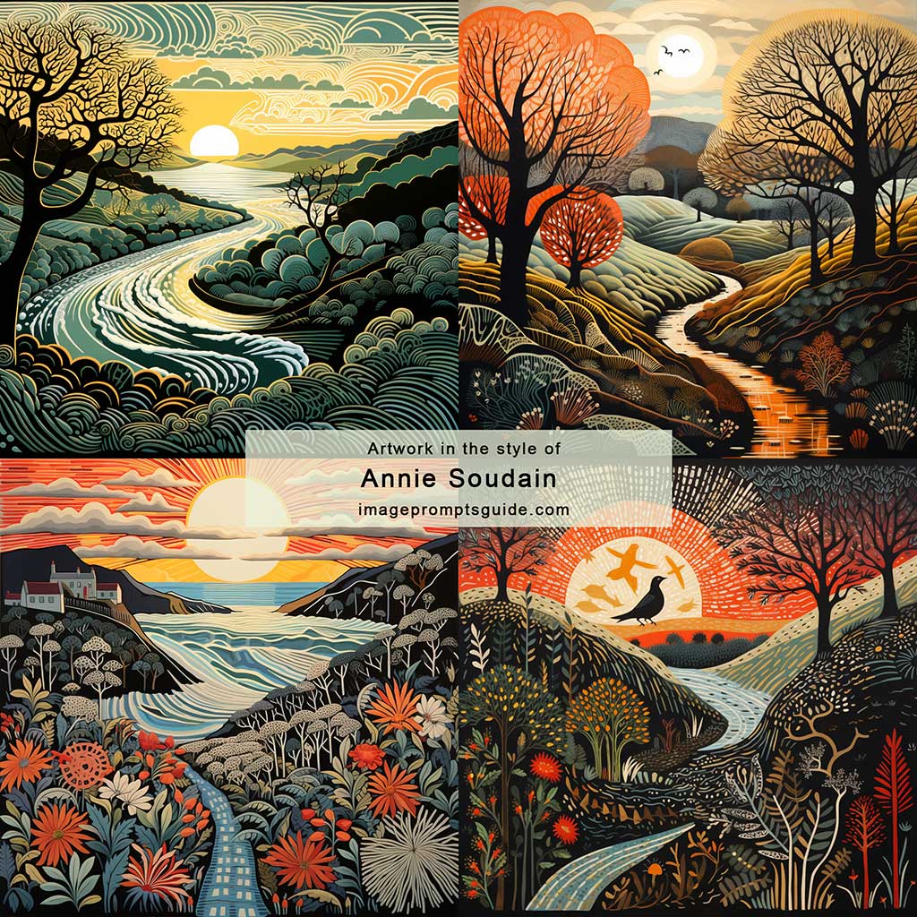 Artwork in the style of Annie Soudain (Midjourney v5.2)