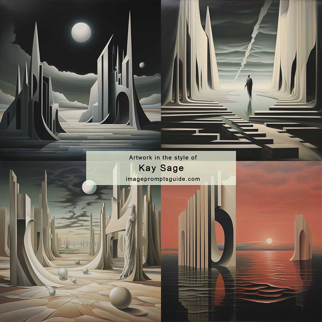 Artwork in the style of Kay Sage (Midjourney v5.2)