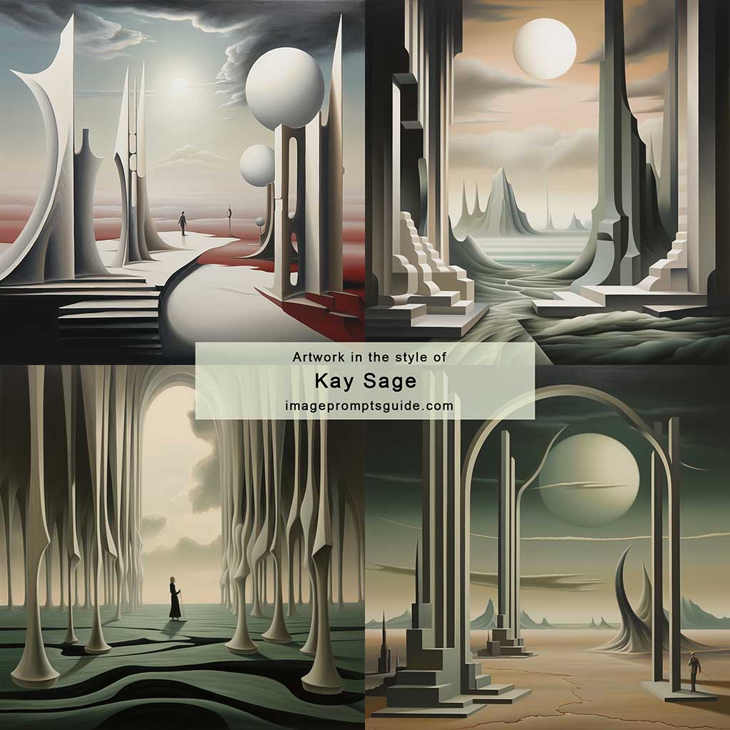 Artwork in the style of Kay Sage (Midjourney v5.2)