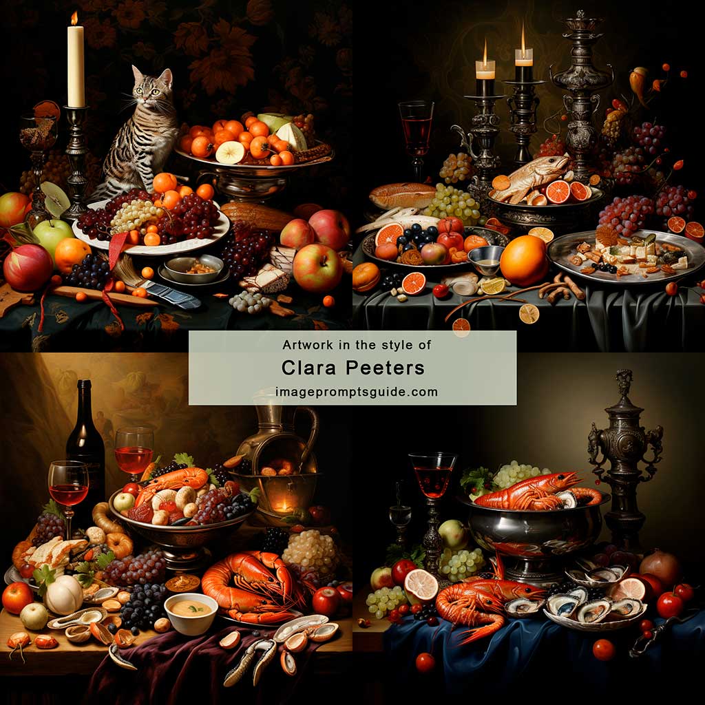 Artwork in the style of Clara Peeters (Midjourney v5.2)