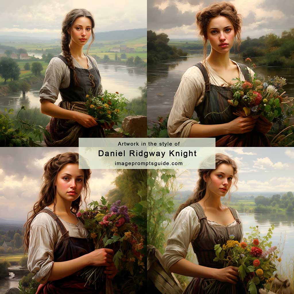 Artwork in the style of Daniel Ridgway Knight (Midjourney v5.2)