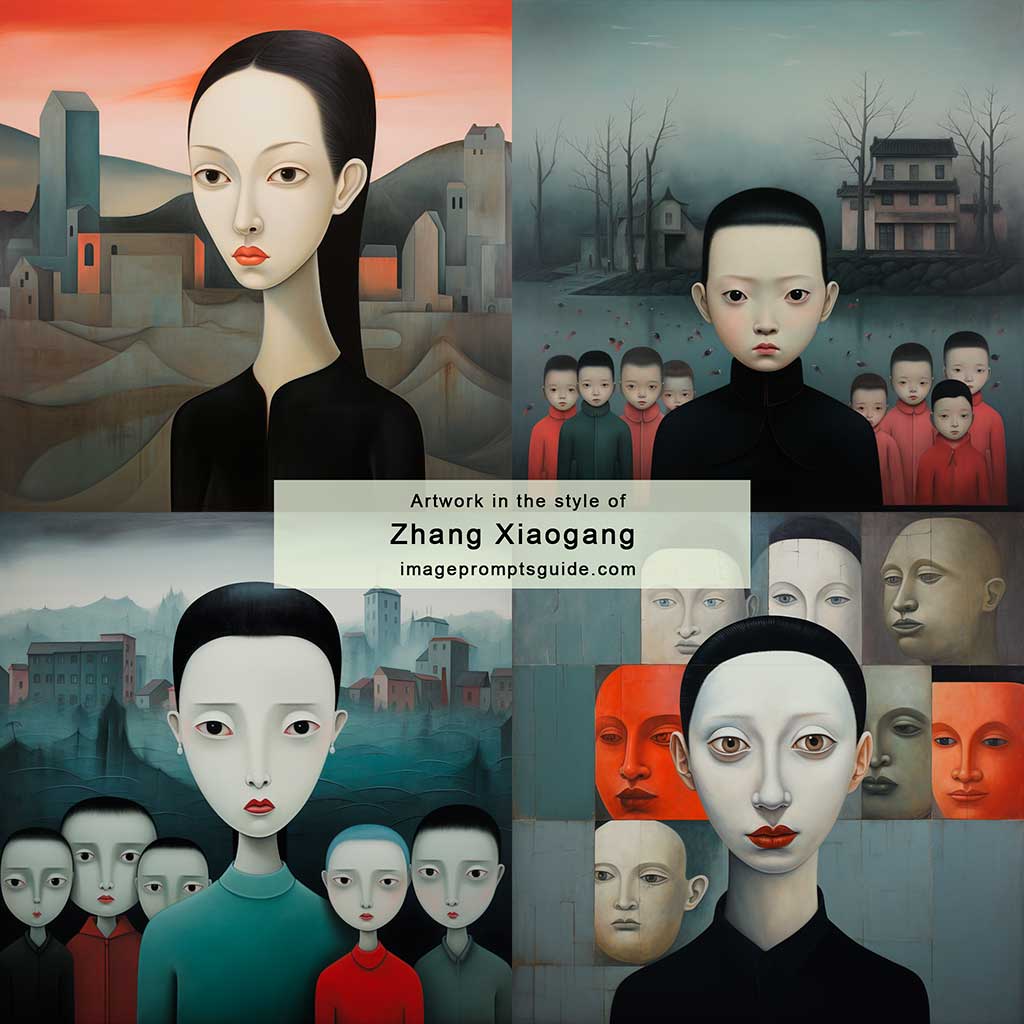 Artwork in the style of Zhang Xiaogang (Midjourney v5.2)